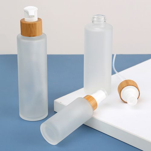 Clear Frosted Glass Pump Bottle with Bamboo Cap