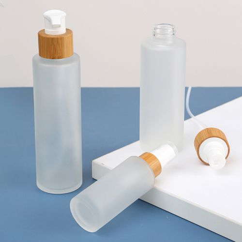 Clear Frosted Glass Pump Bottle with Bamboo Cap